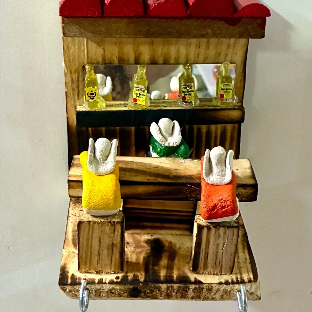 Rustic Mini Bar Wall Keyholder Decor with Yellow, Orange & Green Figures